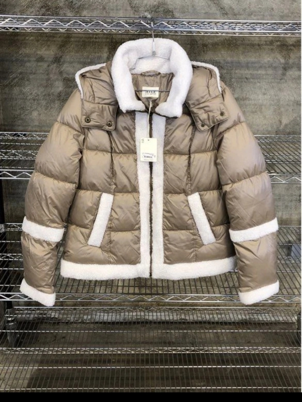 A.N.A Taupe Puffer Jacket with White Sherpa Trim